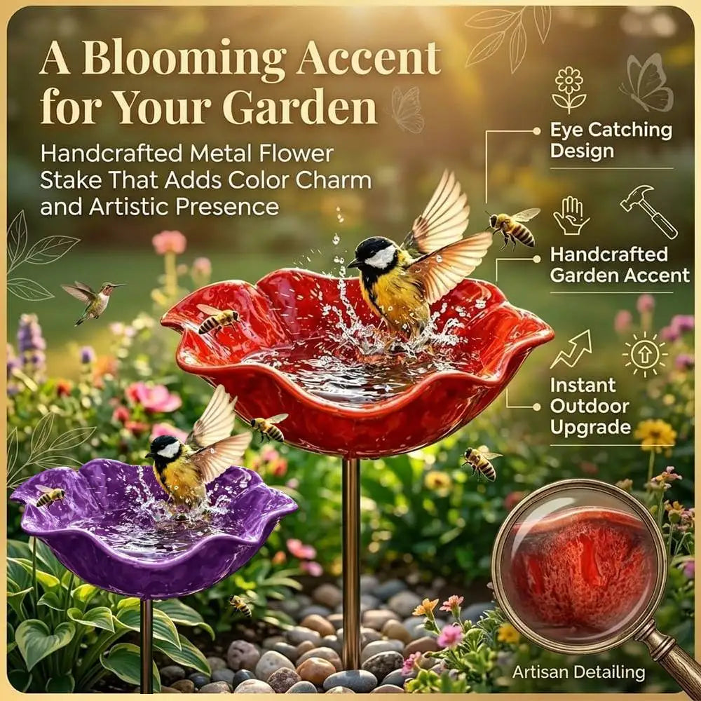 Metal Flower Bird Bath Stake – Pollinator Water Feeder