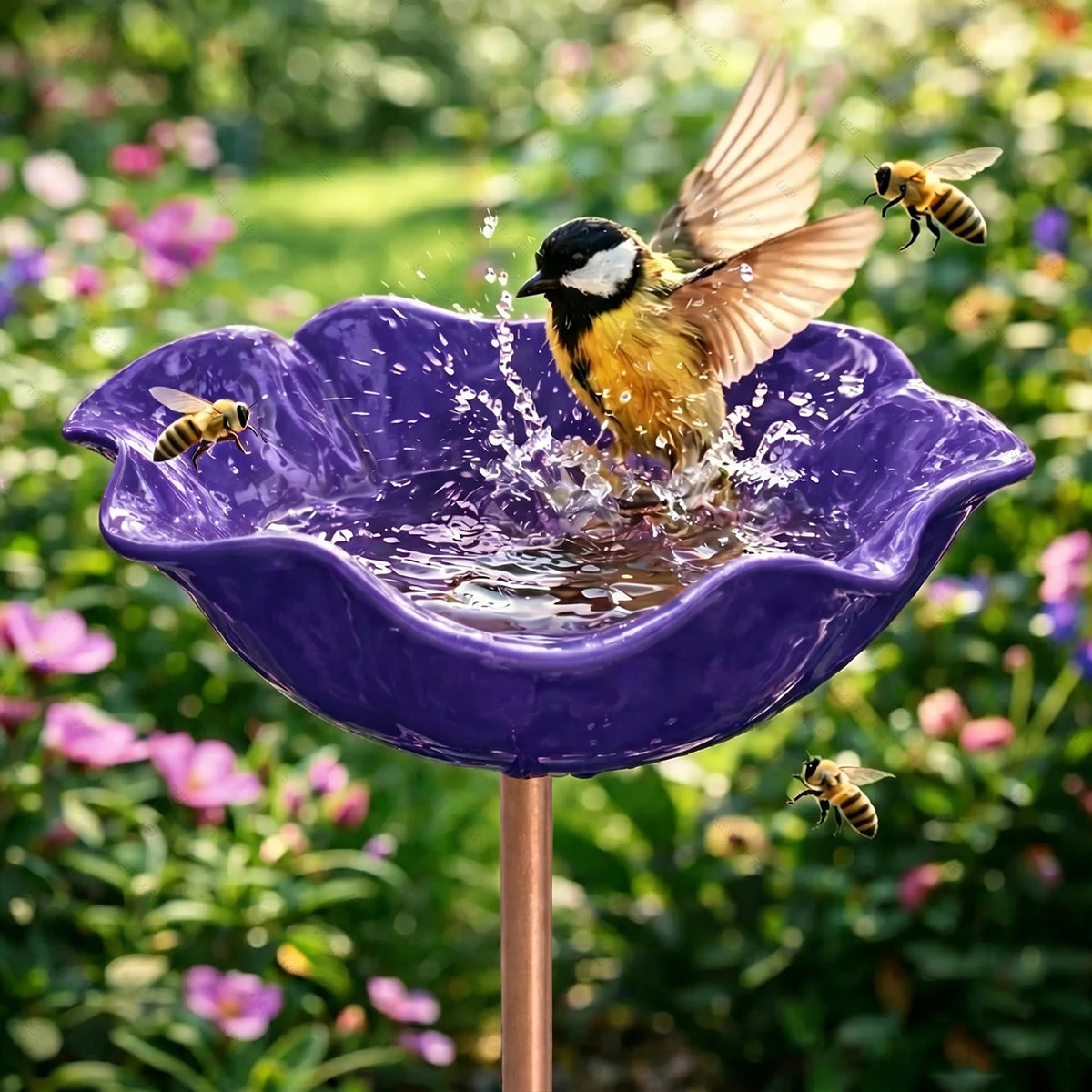 Metal Flower Bird Bath Stake – Pollinator Water Feeder