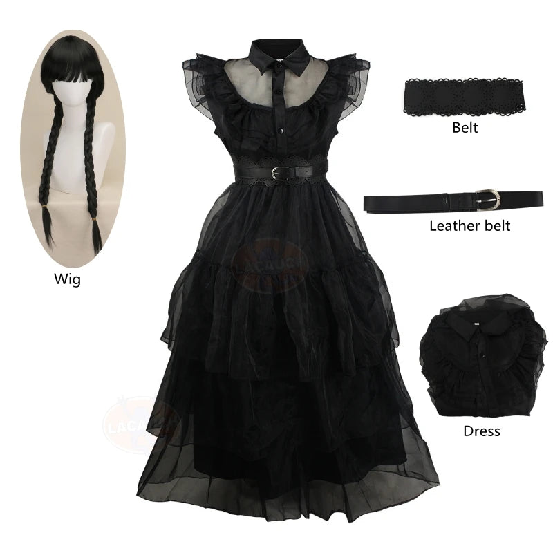 Dress and wig Color Gothic Black Wednesday Style Cosplay Dress Costume