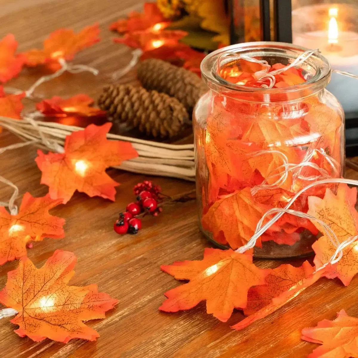 6M 40Led Color Maple Leaf LED String Lights – Battery or USB, Waterproof