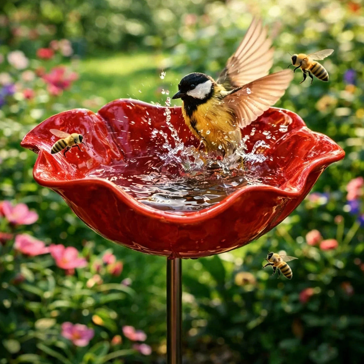 Metal Flower Bird Bath Stake – Pollinator Water Feeder