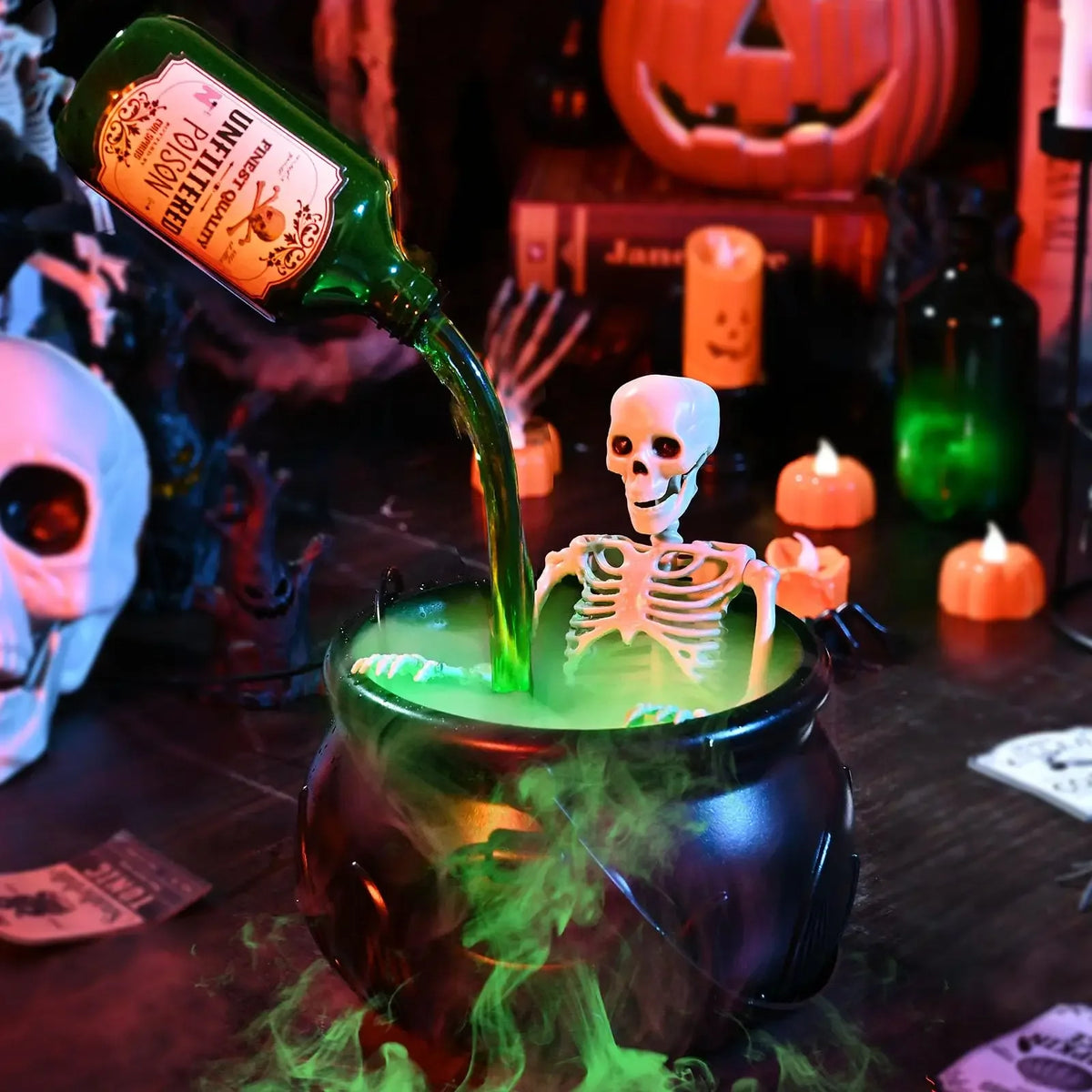 green Color Halloween Witch Cauldron With Floating Potion Fog Effect