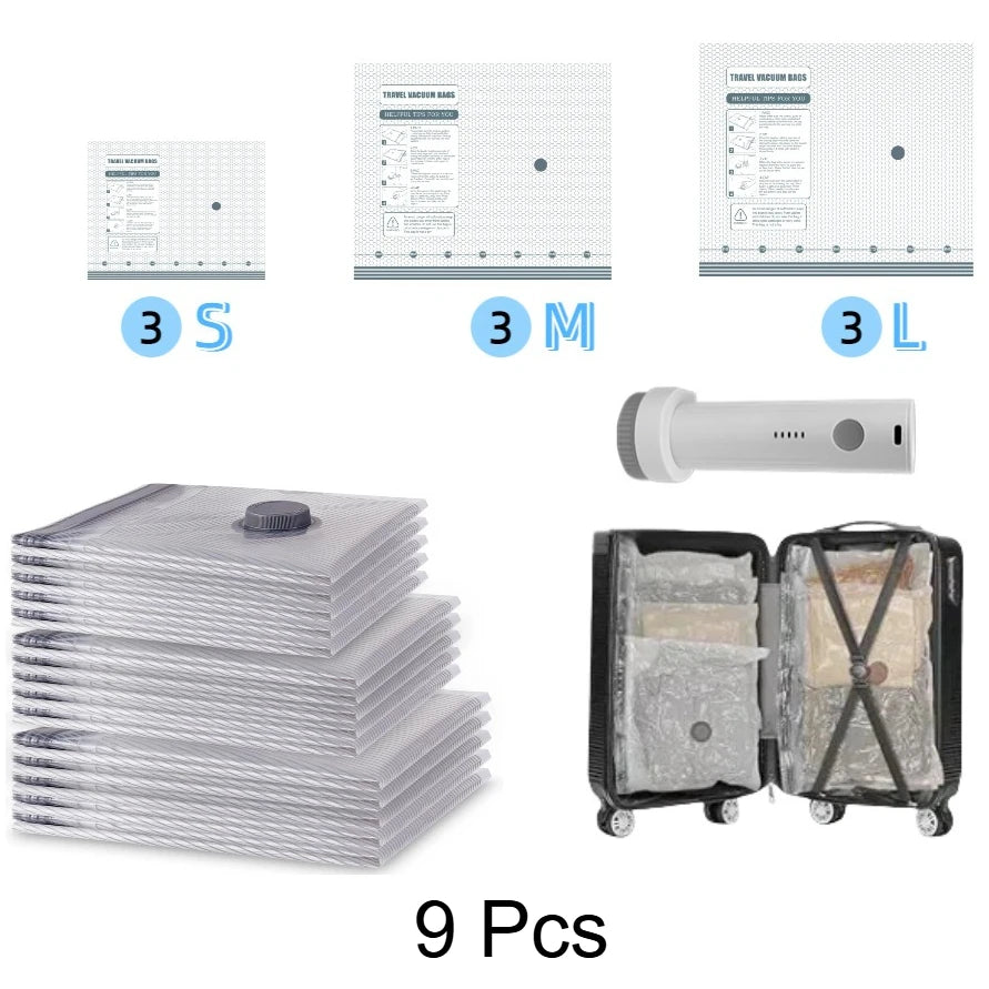 9Pcs With Pump Color Travel Vacuum Storage Bag Set With Cordless Air Pump