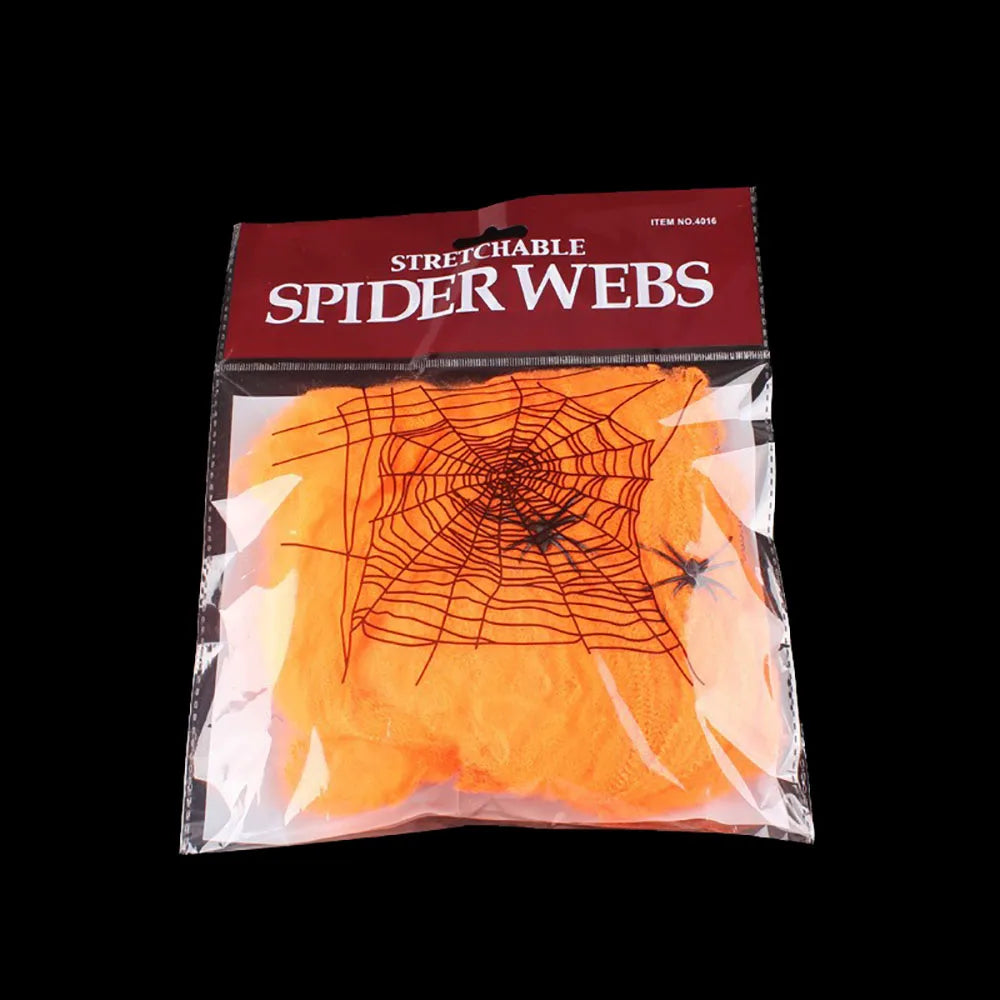 Orange Color Halloween Stretch Spider Web Decoration With Spiders