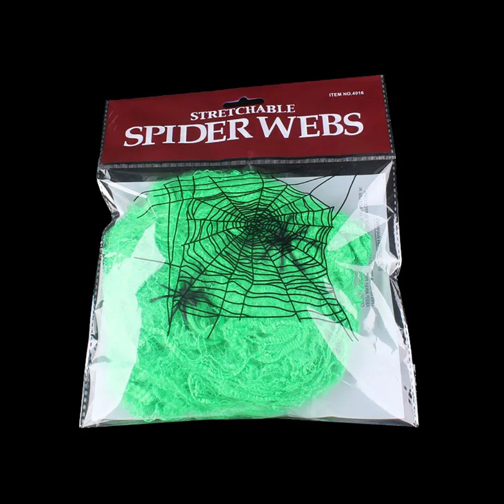 Green Color Halloween Stretch Spider Web Decoration With Spiders