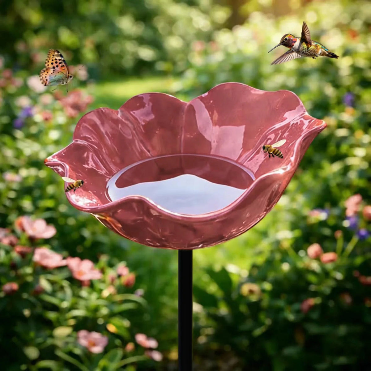 Metal Flower Bird Bath Stake – Pollinator Water Feeder