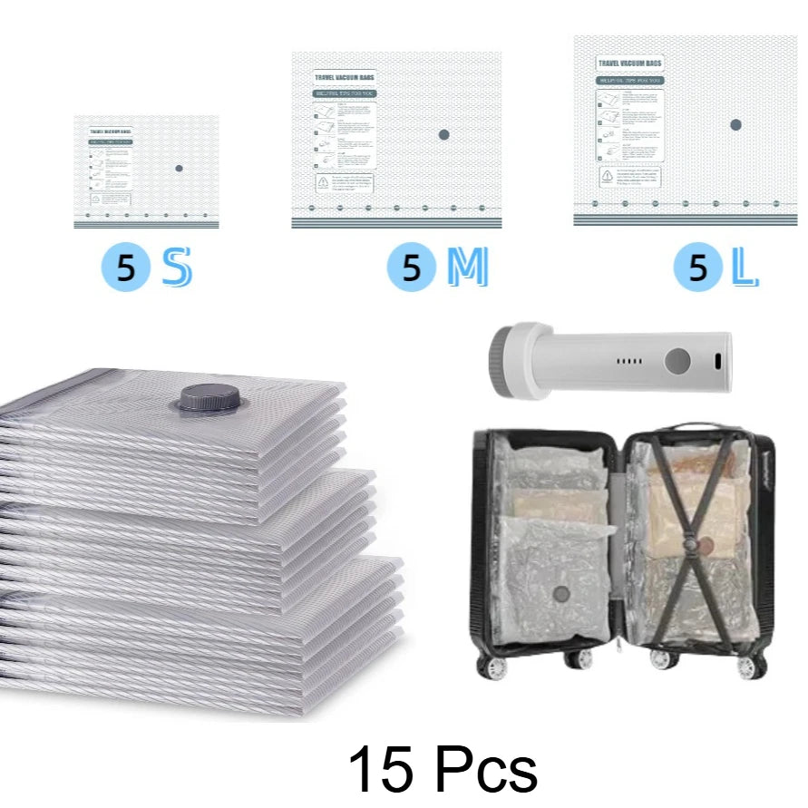 15Pcs With Pump Color Travel Vacuum Storage Bag Set With Cordless Air Pump