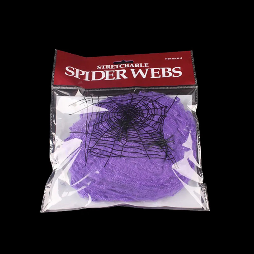 Purple Color Halloween Stretch Spider Web Decoration With Spiders