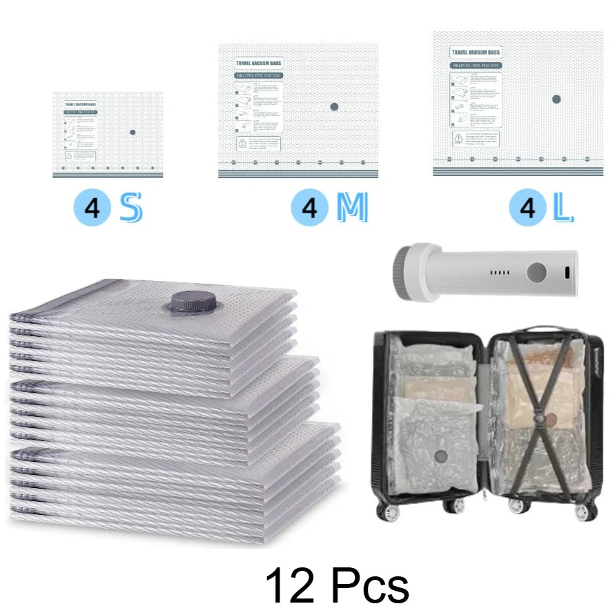 12Pcs With Pump Color Travel Vacuum Storage Bag Set With Cordless Air Pump