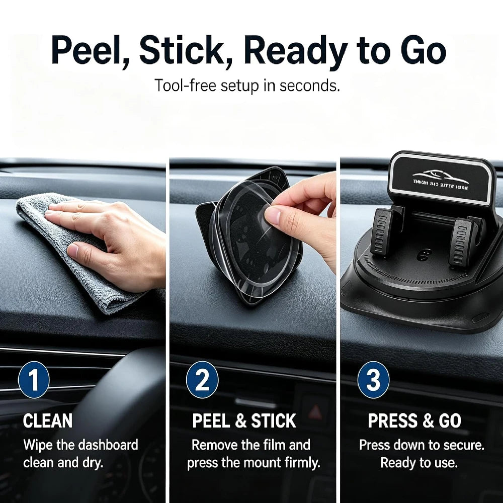 Dashboard Car Phone Holder – 360° Rotating One-Hand Mount